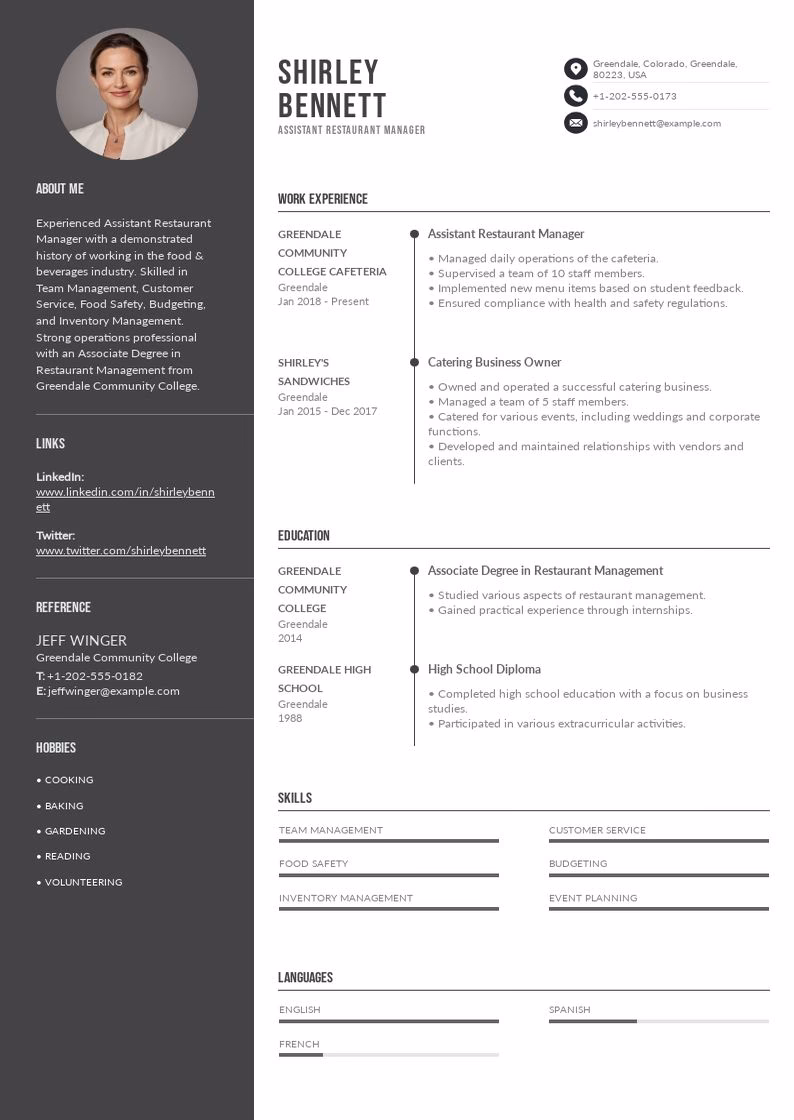 What is a good resume for an assistant restaurant manager?