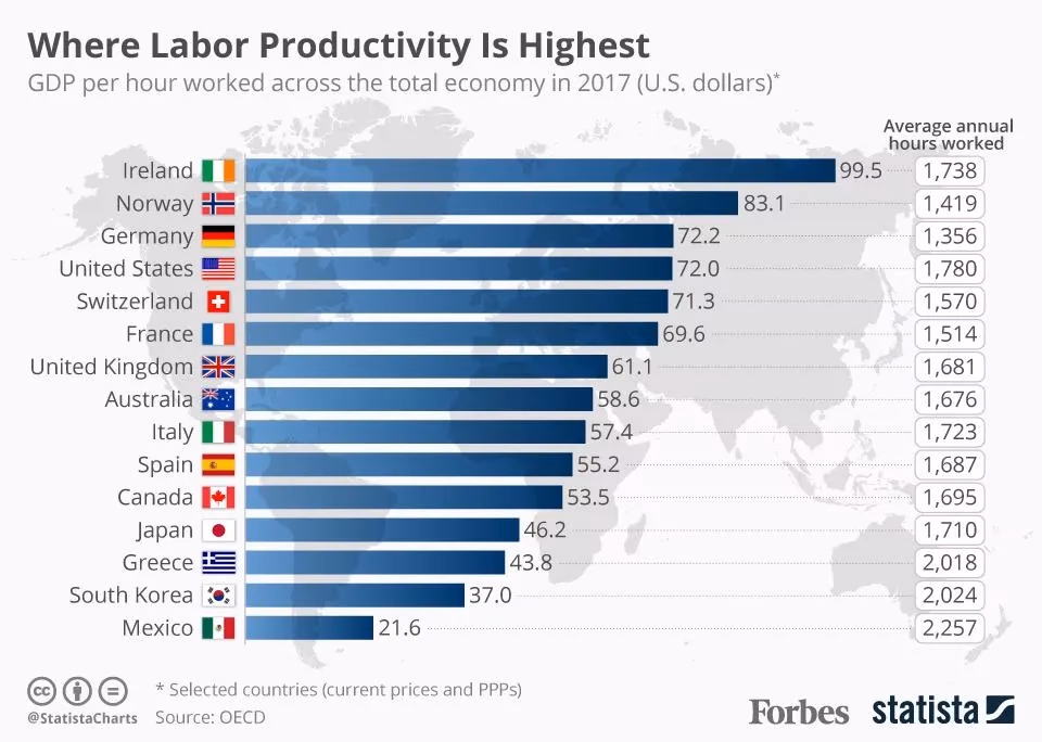 What is the average labour productivity across OECD countries?