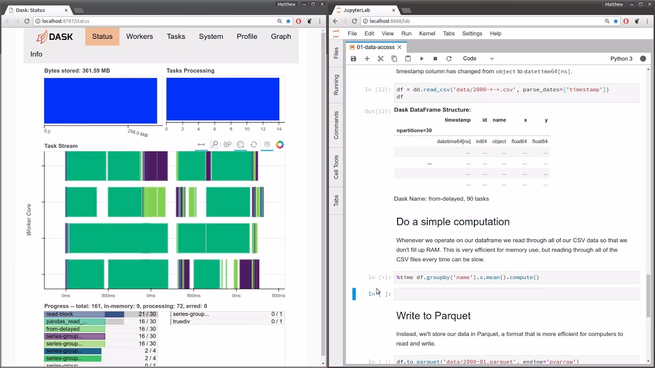 What data formats can DASK DataFrames read and store?