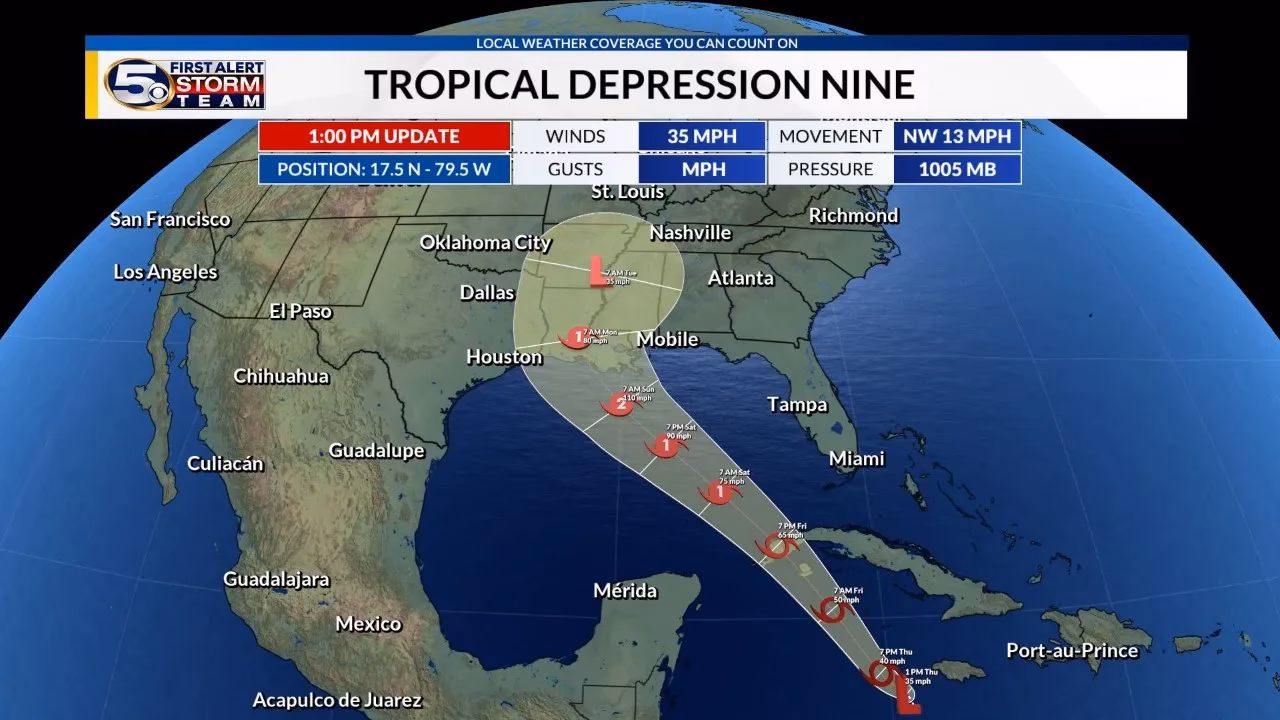 Is tropical depression 9 still fighting wind shear in the Gulf of Mexico?