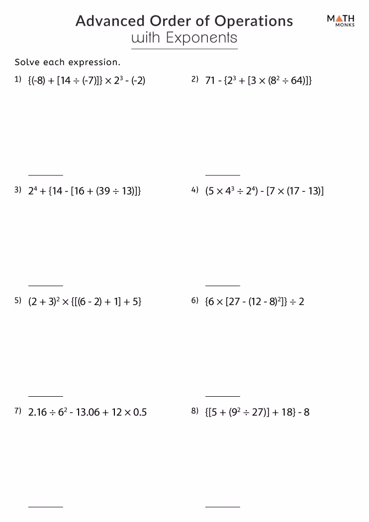 What are the advanced order of operations worksheets accompanied by?