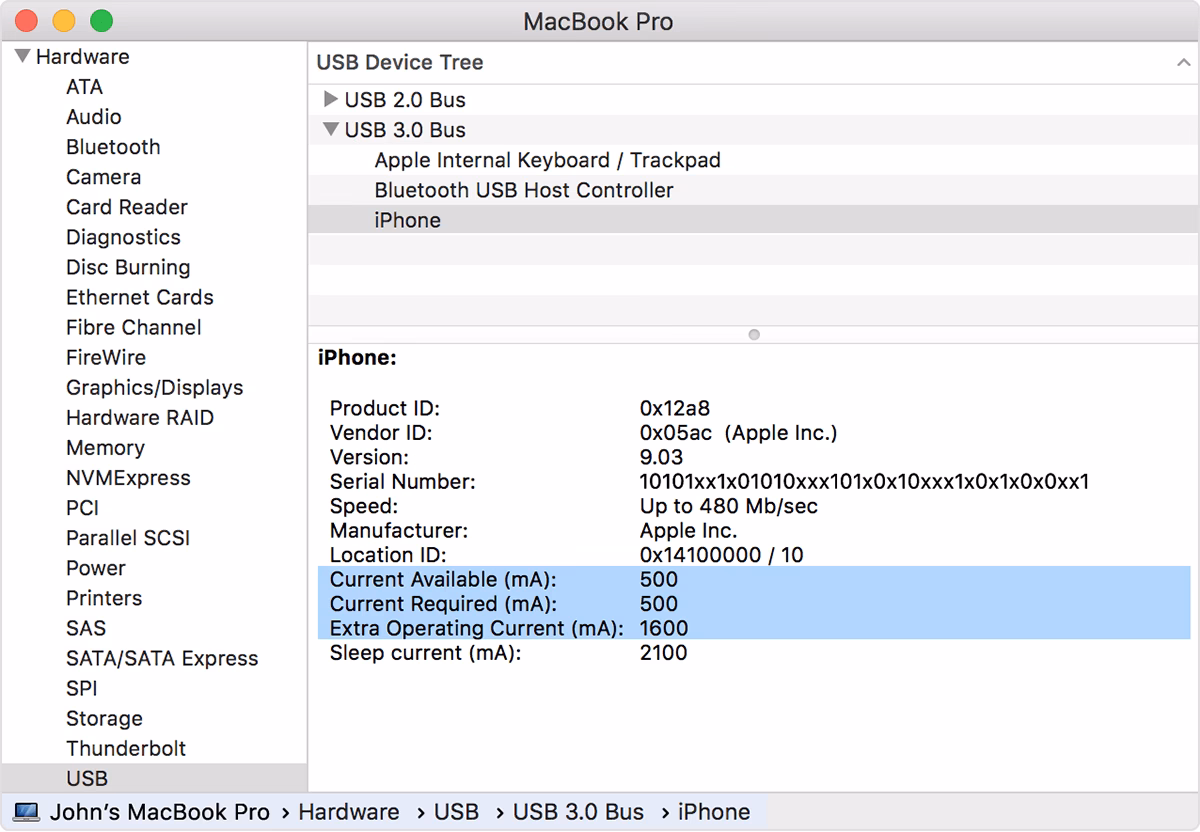 What is 'Extra Operating Current' in macOS?