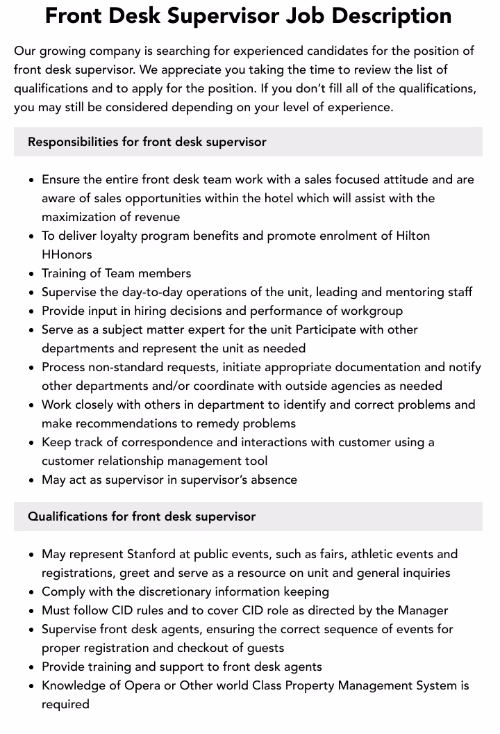 How do I write a hotel supervisor job description?