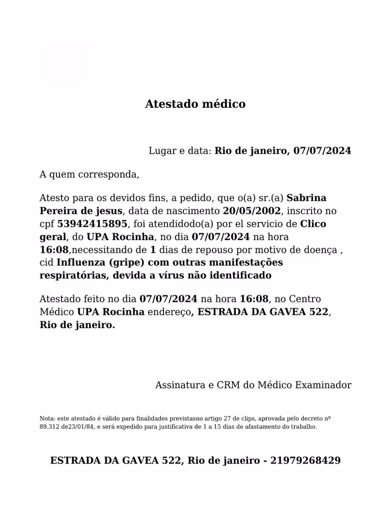 Quantos dias de atestado para virose?