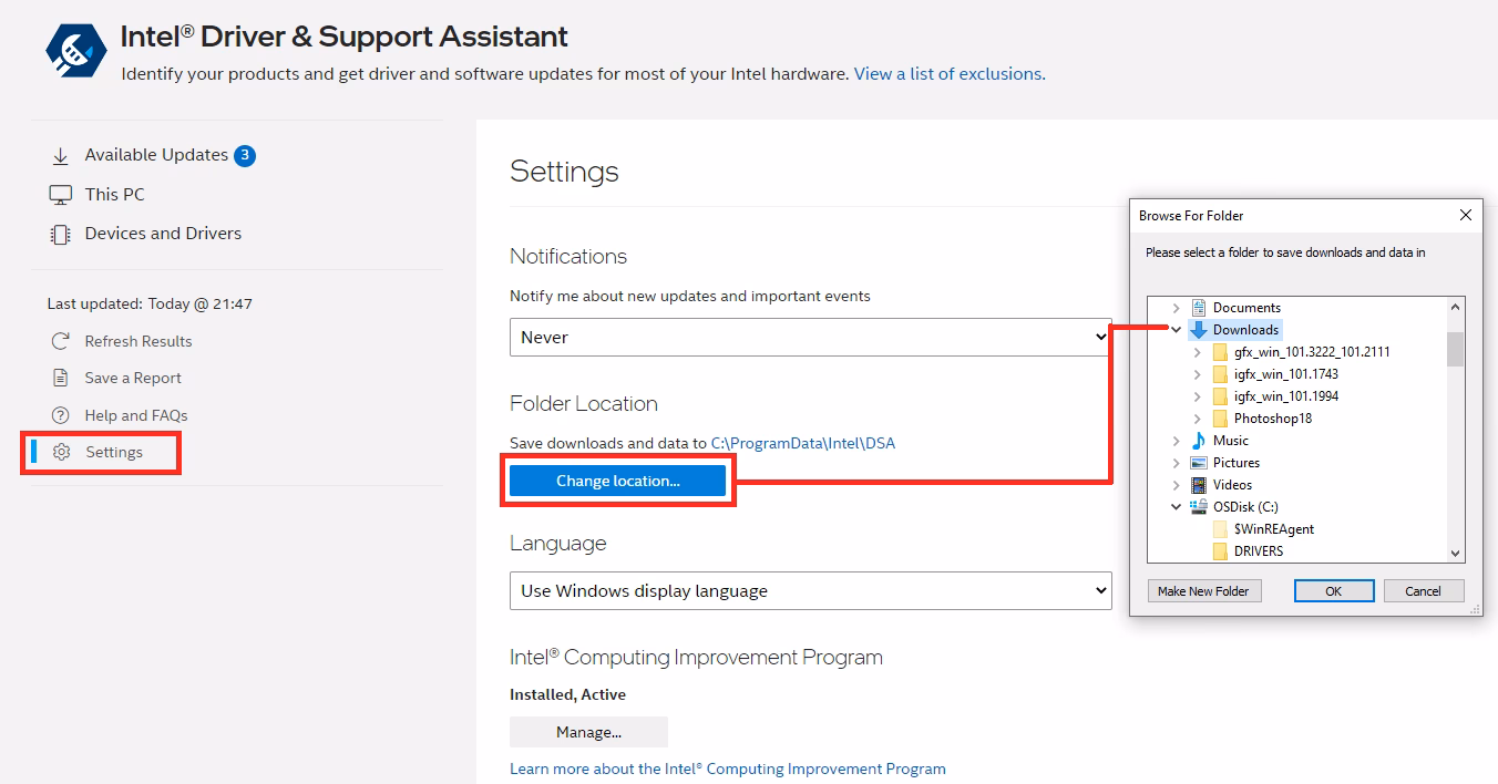How do I update Intel driver & support assistant?