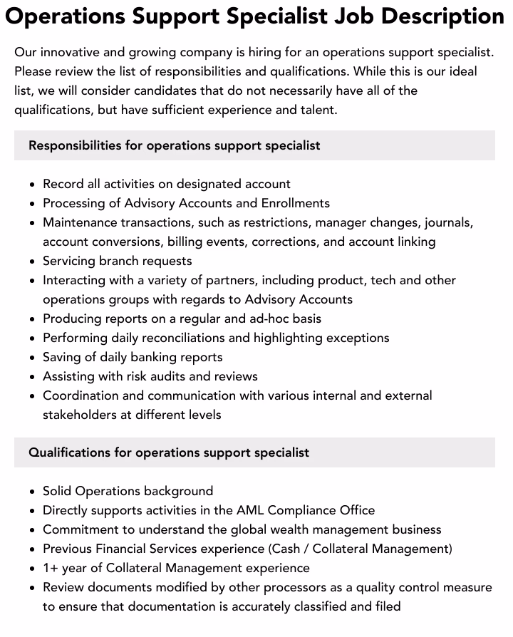 How do I write an operations support specialist job description?