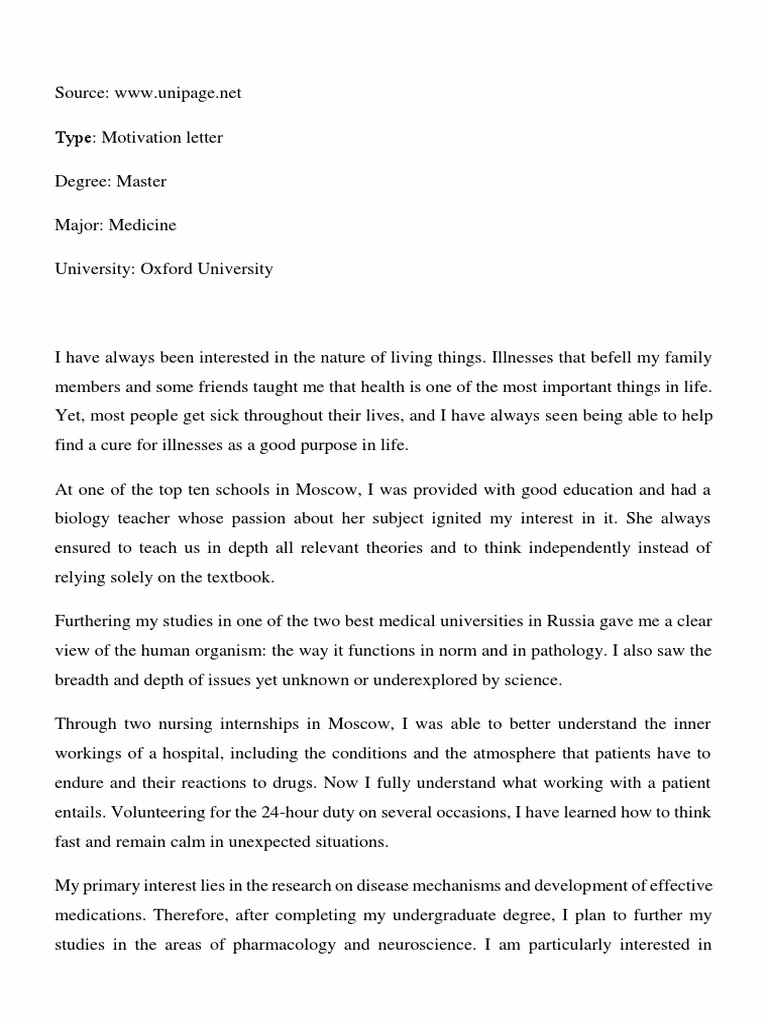 What is a motivation letter sample Medicine 2?