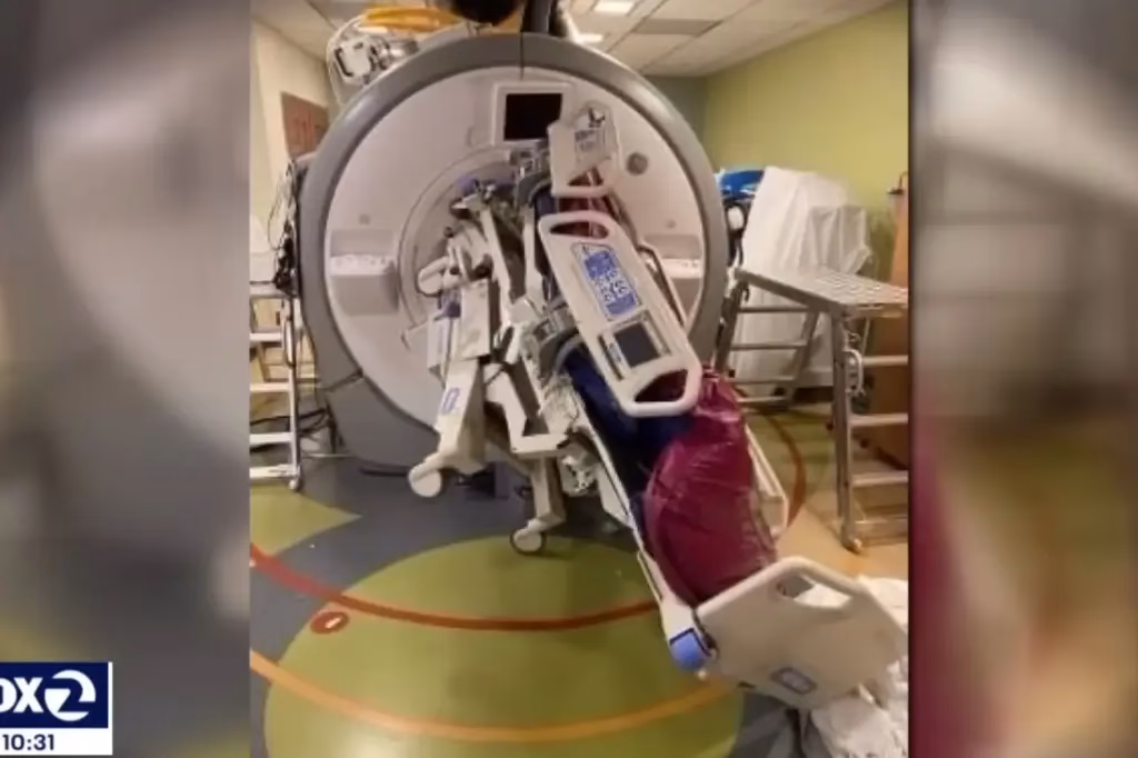 Was a nurse stuck between an MRI machine and a bed?