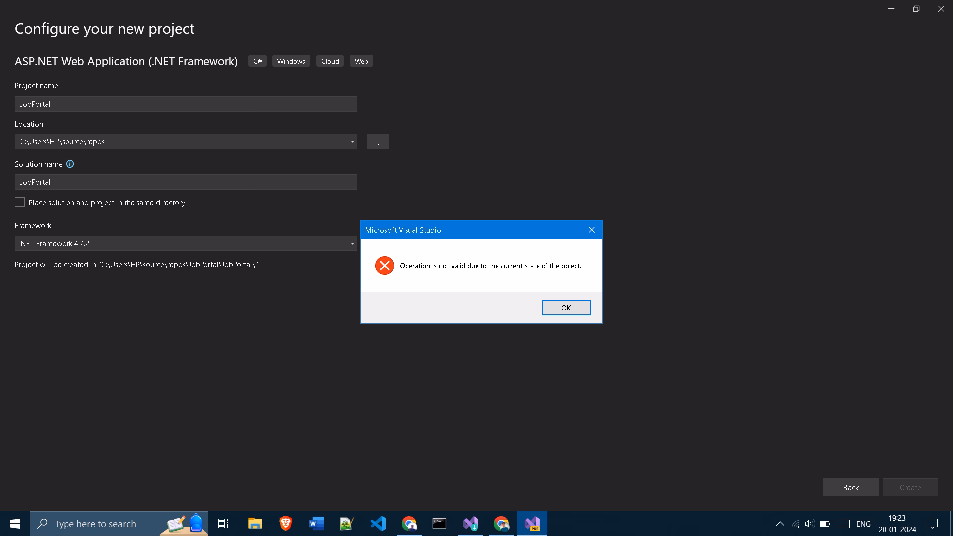 Why does ASPnet codegenerator error 'operation is not valid'?