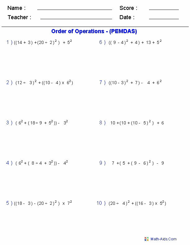 What are the Grade 5 Order of operations worksheets?