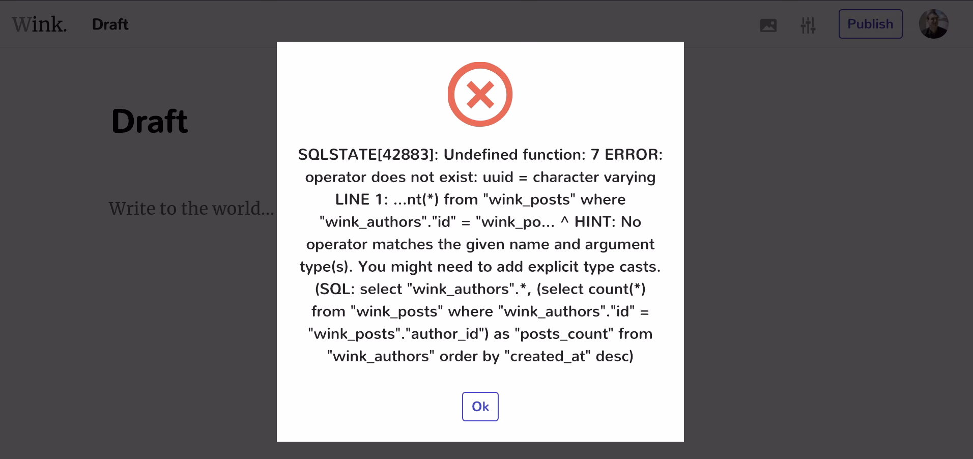 What does 'operator does not exist - Type1 = Type2' mean?