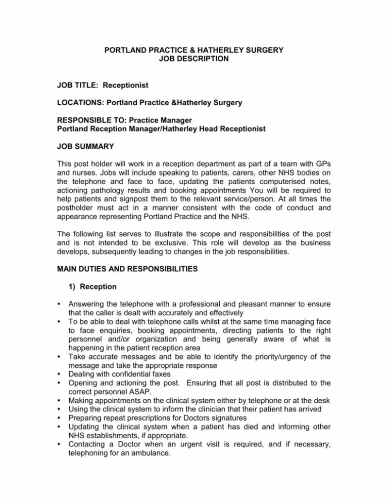 What is a hospital reception job description?