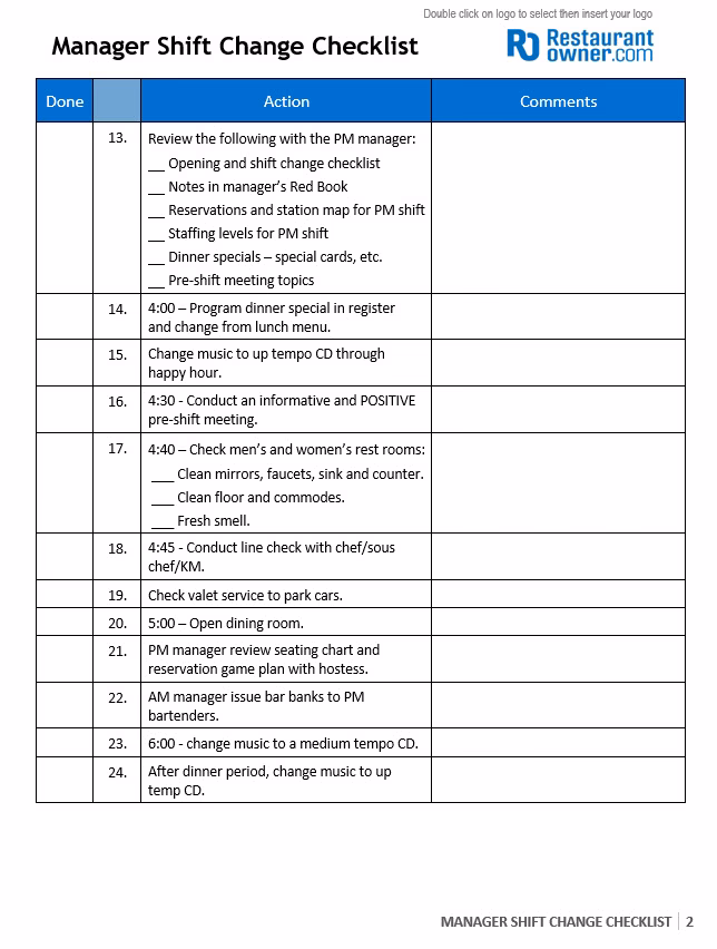 What is a restaurant SOP checklist?