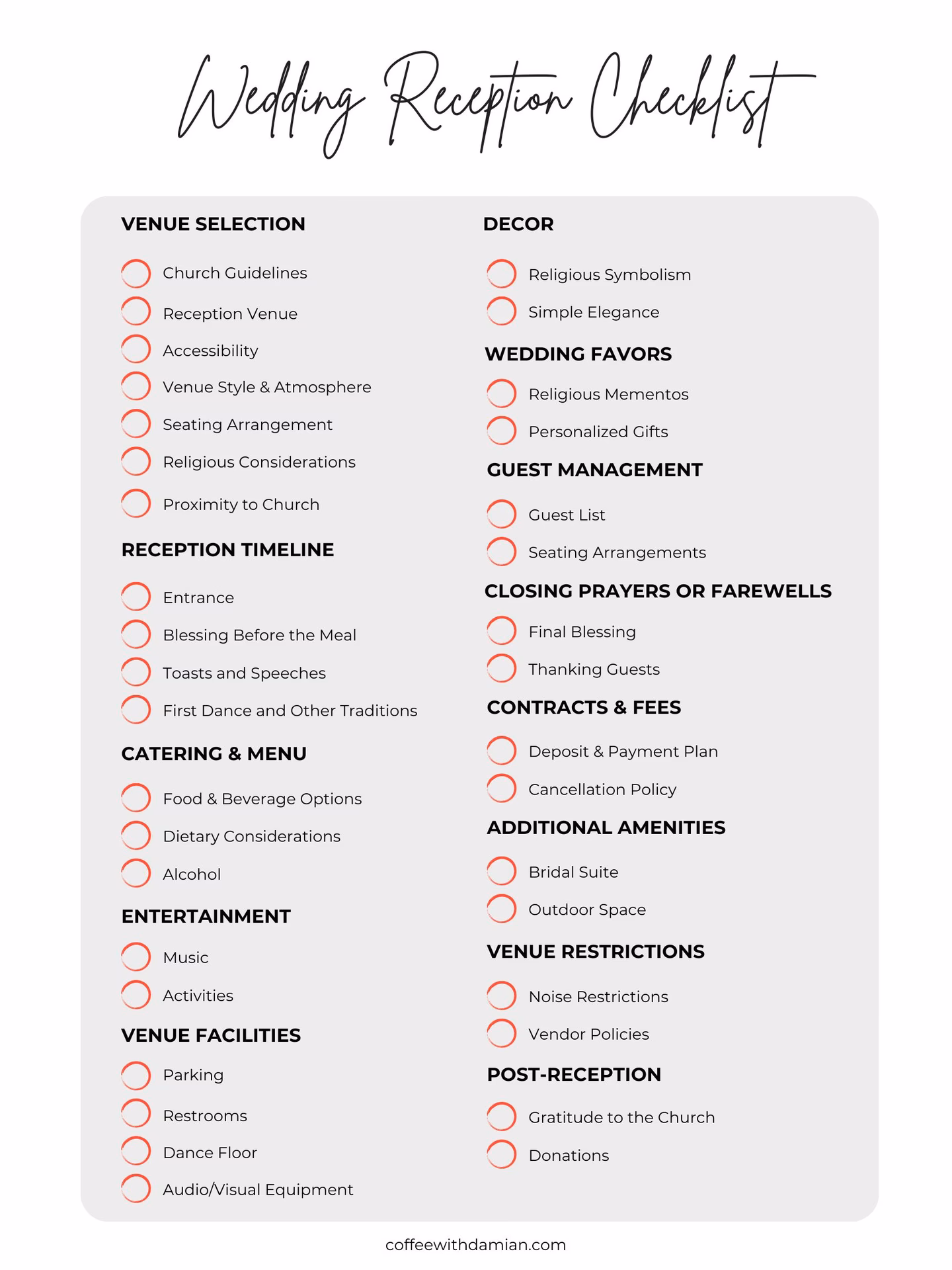 What is a wedding reception checklist?